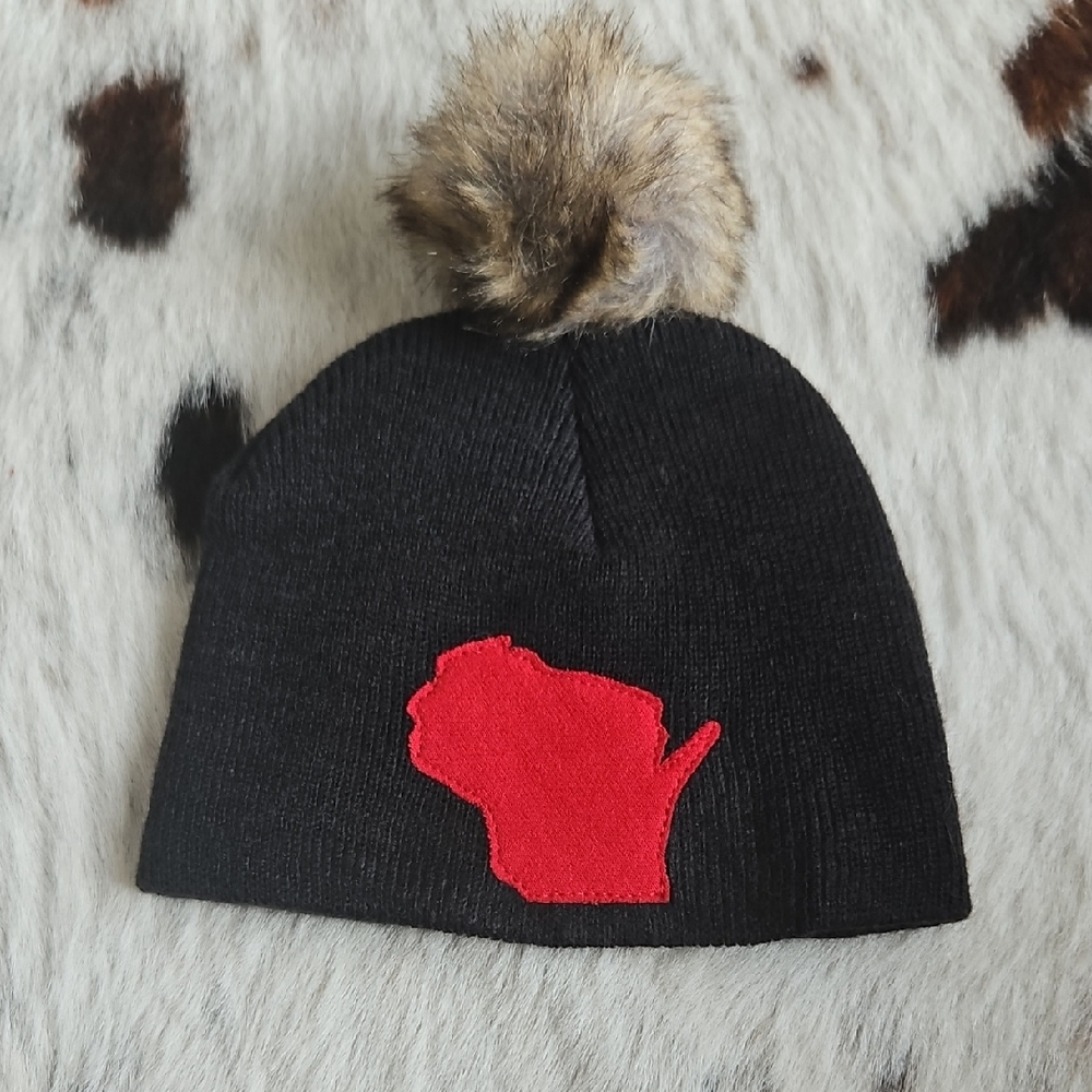 Baby Black Beanie with Red Wisconsin Patch And Fur Pom